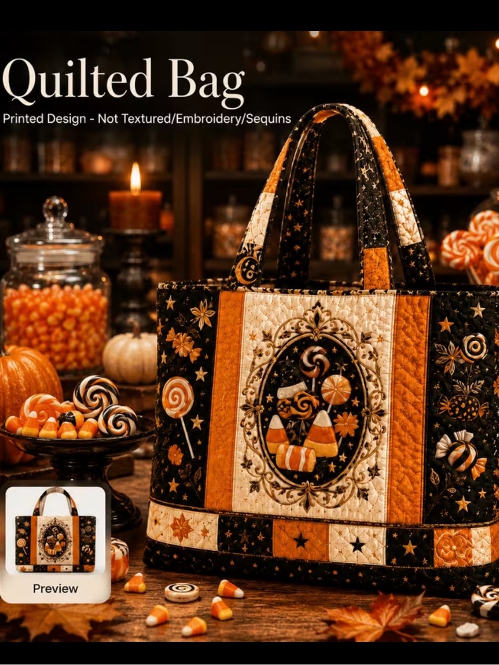 🍂🎃 Candy Corn Quilted Tote Bag - Black, Orange & Cream